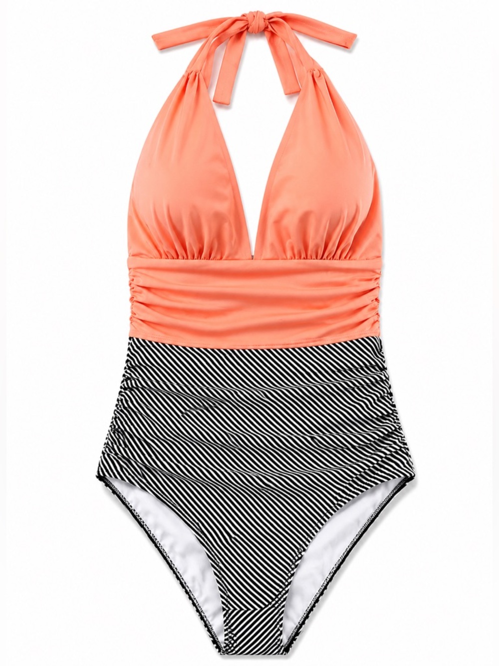 Cupshe Halter Plunge OnePiece Swimsuit Tummy Control Ruched Nautical Stripe XXL
